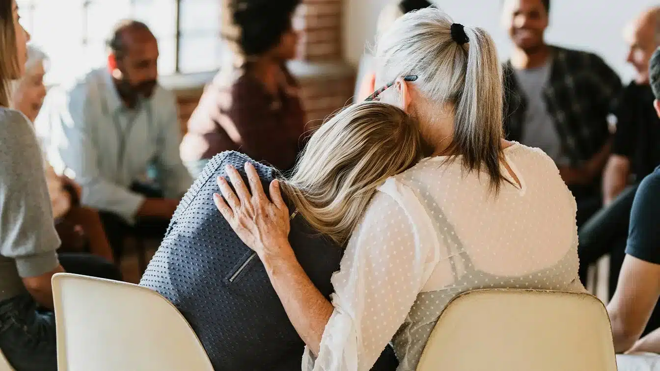 a woman hugging a woman during therapy group for co-occurring disorders in addiction treatment.