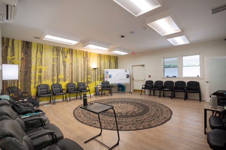 Group therapy room with chairs set in a circle around a round rug, a whiteboard, and a full wall mural of a sunlit forest
